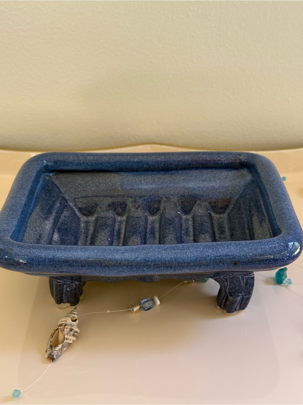 Handmade Studio Art Pottery Blue Soap Dish with Raised Feet